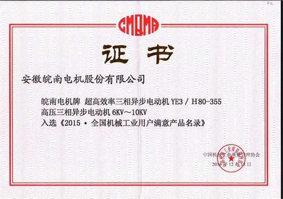 2015全國(guó)用戶(hù)滿(mǎn)意產(chǎn)品（YE3高效電機(jī)和高壓電機(jī)）