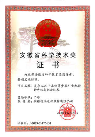 2019年安徽省科技進步二等獎:皖南電機:&ldquo;復雜工況下高效異步牽引電機設(shè)計方法與制造技術(shù)&rdquo;