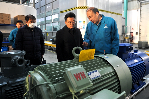 圖為管兵正在向省科技廳領導介紹皖南電機產(chǎn)品